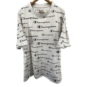Champion All Over Print Logo Crew Neck‎ T-Shirt 2XL Short Sleeve